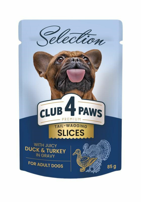 CLUB4Ł SLICES KACZKA INDYK w sosie saszetka 85g CLUB4Ł SLICES KACZKA INDYK w sosie saszetka 85g
