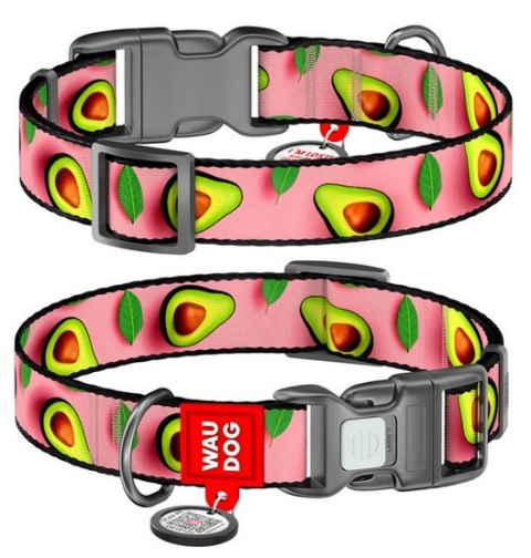 Collar WauDog Nylon Obroża nylonowa z QR-paszportem, plastikowy fastex, wzór AWOKADO NA RÓŻU, S 15mm/25-35cm